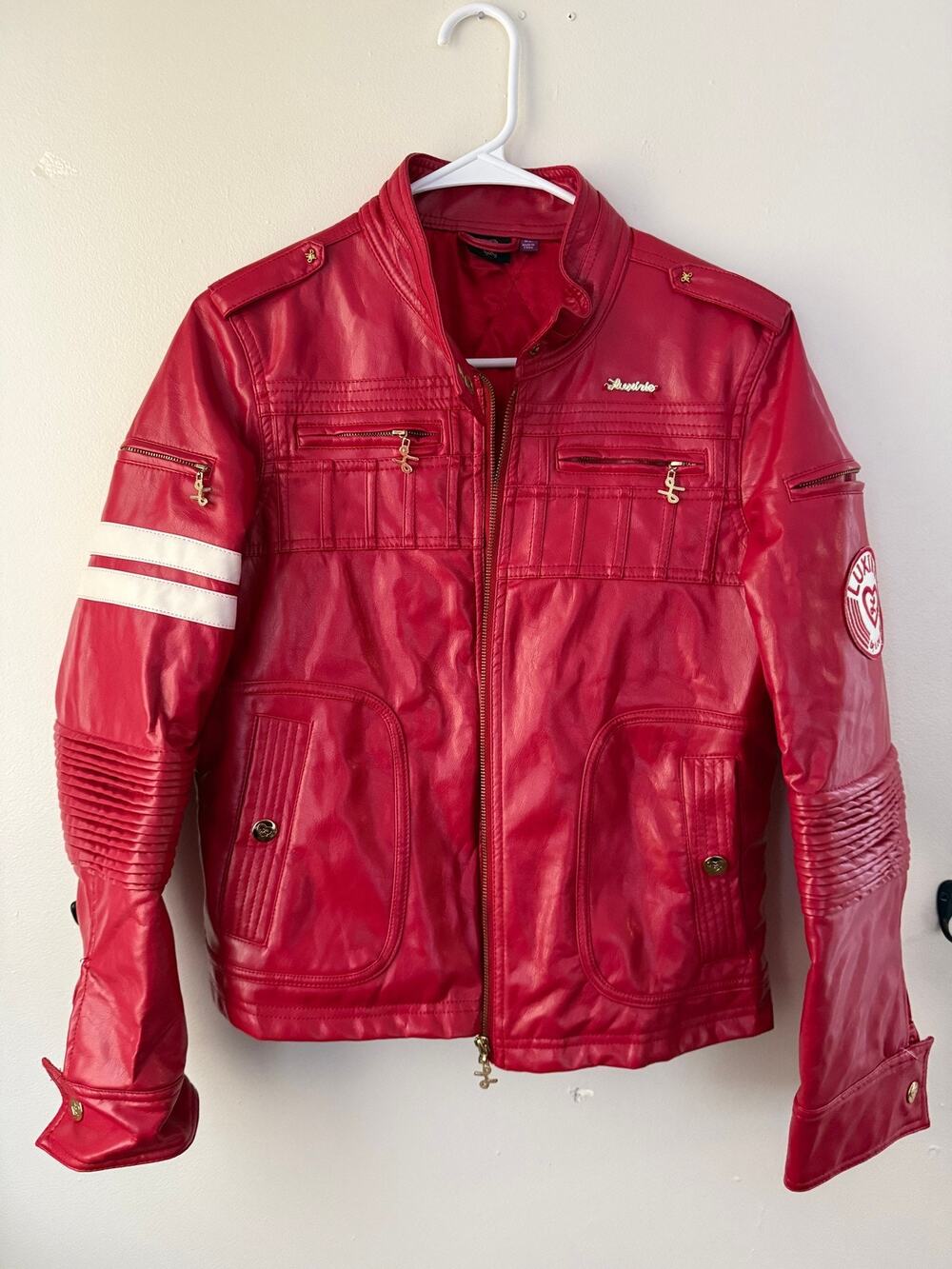 Luxirie by LRG Womens Moto Jacket XL Red Biker Full Zip Gold Hardware